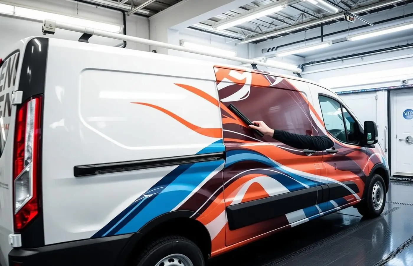 Partial vehicle wrap on a work van next to a fully wrapped fleet vehicle